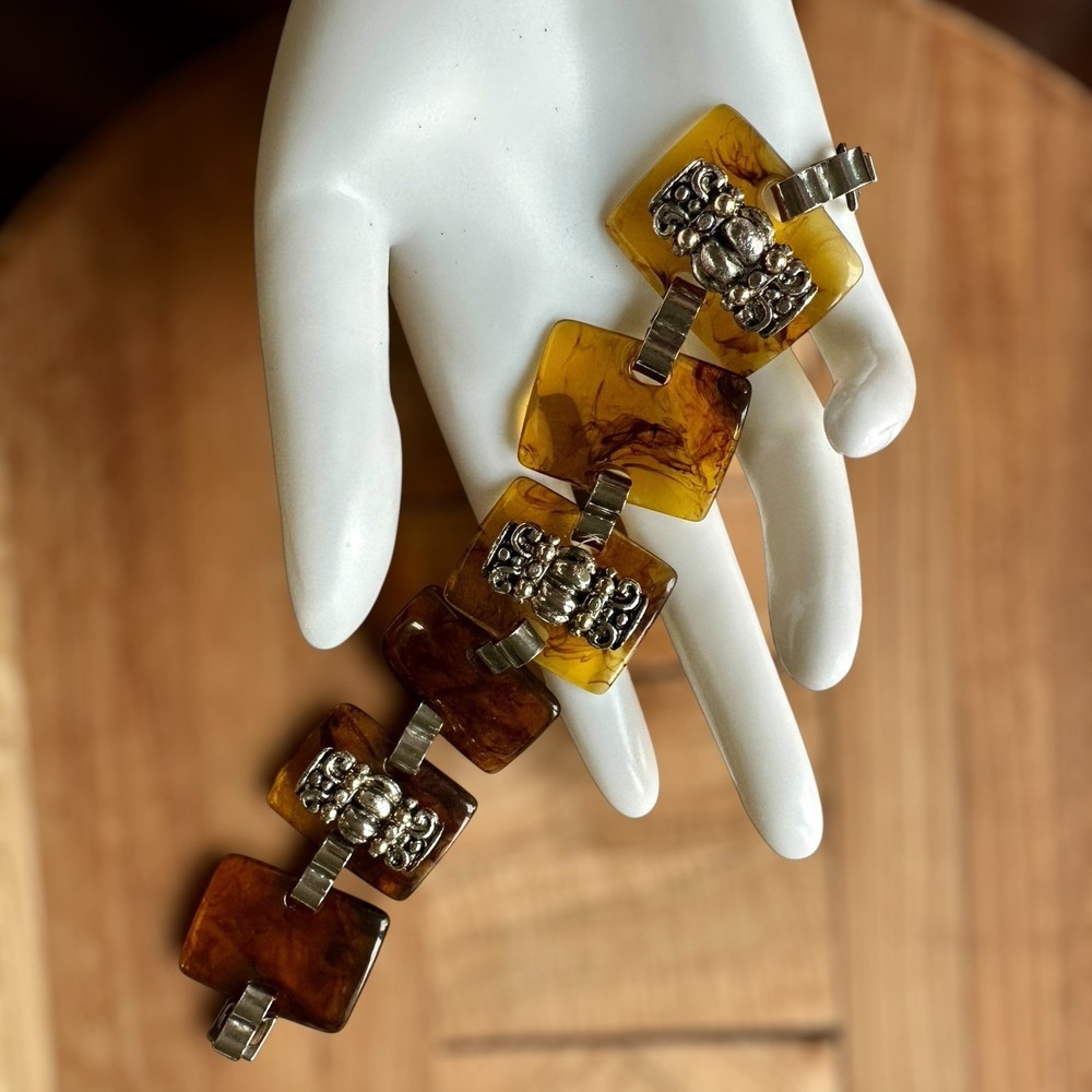 Vintage Artisan Panel Link  Bracelet 7.5 Inch Amber Color Acrylic Silver Plated